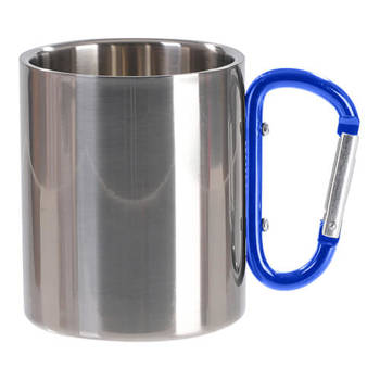 Becher 300 ml, Metall, mit blauem Karabiner-Griff, Silber, für die Sublimation
