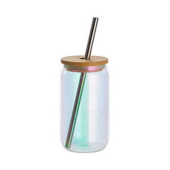 Glas, 400 ml, mit Deckel aus Bambus und Trinkhalm, Hellblau schillernd, für den Sublimationsdruck.