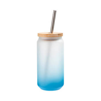 Glas 550 ml, satiniert, Hellblau, mit Trinkhalm, mit Deckel aus Bambus, für die Sublimation