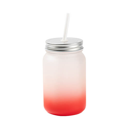 Becher, "Mason Jar", 450 ml, satiniert, mit Strohhalm, Rot, für die Sublimation