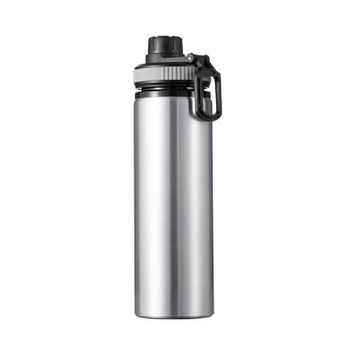 Fahrradflasche, Aluminium, Silber, 850 ml, Verschluss mit grauem Besatz, für den Sublimationsdruck