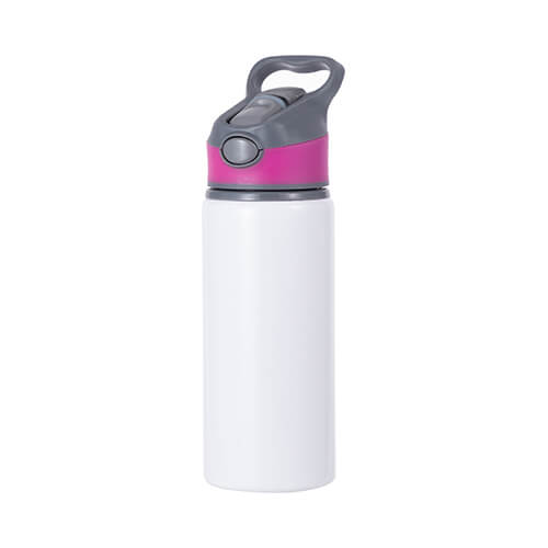 Fahrradflasche, Aluminium, Weiß, 650 ml, Verschluss mit rosa Besatz, für den Sublimationsdruck