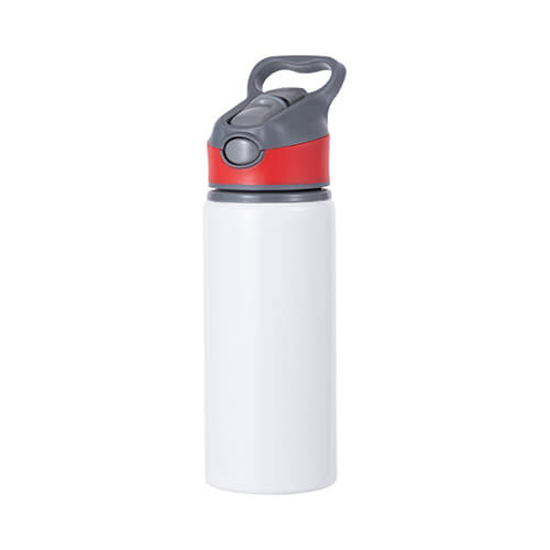Fahrradflasche, Aluminium, Weiß, 650 ml, Verschluss mit rotem Besatz, für den Sublimationsdruck