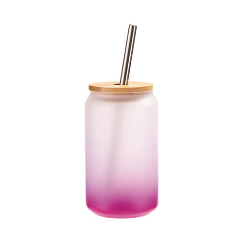 Glas 400 ml, satiniert, Violett, mit Trinkhalm, mit Deckel aus Bambus, für die Sublimation