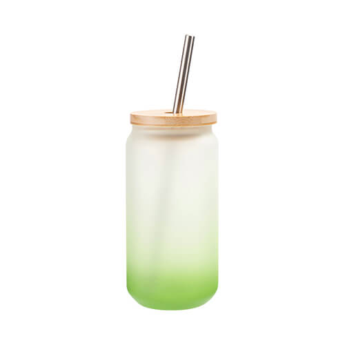 Glas 550 ml, satiniert, Grün, mit Trinkhalm, mit Deckel aus Bambus, für die Sublimation