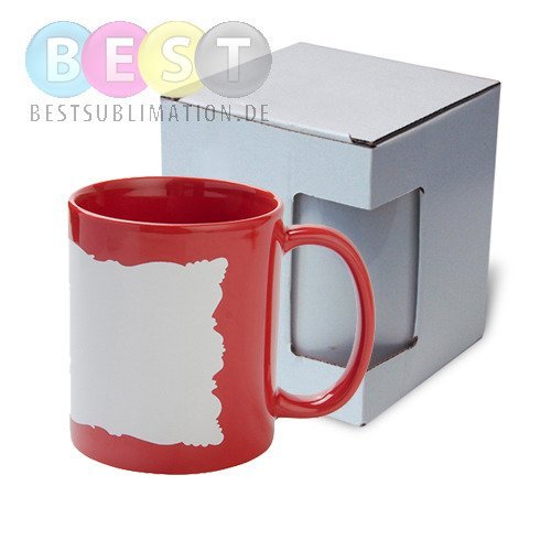 Tasse 330ml, Rot, mit weißem bedruckbaren Fenster und Box, für die Sublimation