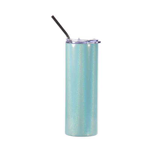 Tumbler-Becher, 600 ml, mit Trinkhalm, Hellblau schillernd, für den Sublimationsdruck.