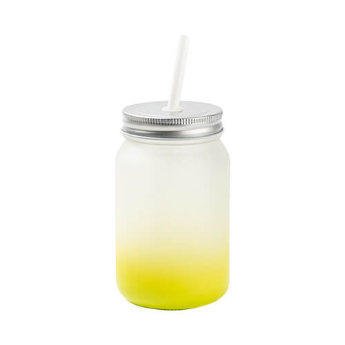 Becher, "Mason Jar", 450 ml, satiniert, mit Strohhalm, Limongelb, für die Sublimation