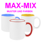 144 Tassen 450ml MAX, Farbiger Griff und Rand, Farbige Innenseite, FUNNY, MIX diverser Farben, für die Sublimation