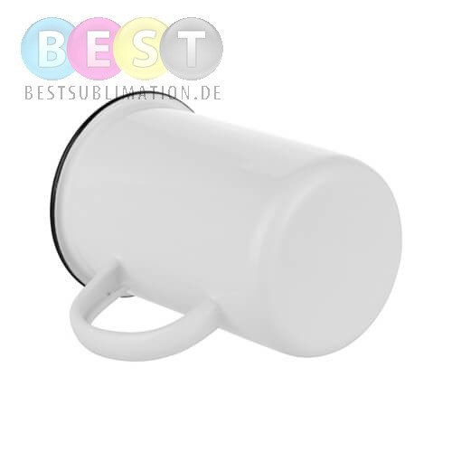 Becher 450 ml, Metall, emailliert, Weiß mit schwarzem Rand, für die Sublimation