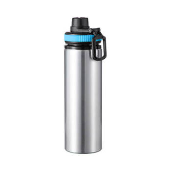 Fahrradflasche, Aluminium, Silber, 850 ml, Verschluss mit blauem Besatz, für den Sublimationsdruck