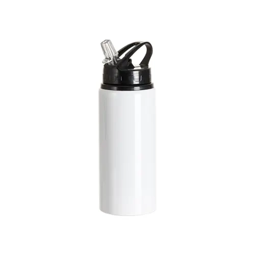 Aluminiumflasche mit Ausgießer, 600 ml, weiß, mit schwarzem Verschluss und Sublimationshalter