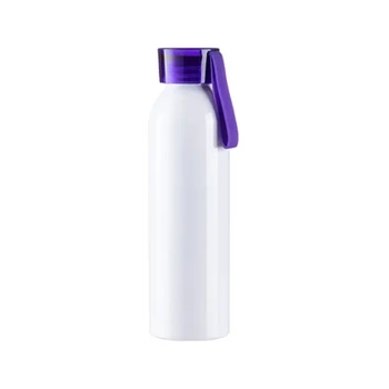Sport-Wasserflasche aus Aluminium, 650 ml, weiß, mit violettem Verschluss und Sublimationsstreifen
