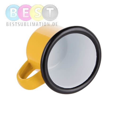Metallbecher 100 ml, emailliert, gelb mit schwarzem Rand, für die Sublimation