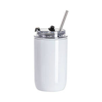 Trinkflasche, Weiß, 350 ml, Edelstahl, mit Verschluss und Halm, für den Sublimationsdruck