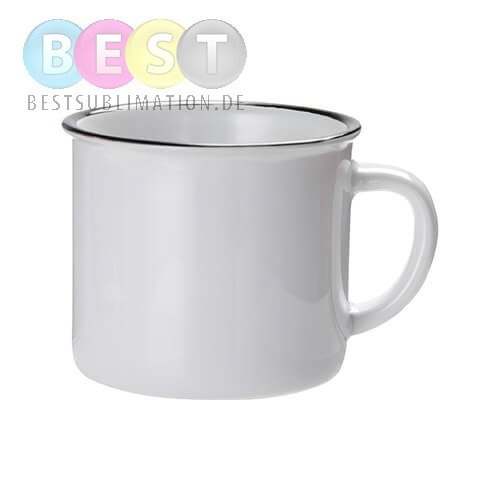 Keramischer Becher 300ml, emailliert, emailliert, Weiß mit schwarzem Rand, für die Sublimation