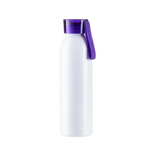 Sport-Wasserflasche aus Aluminium, 650 ml, weiß, mit violettem Verschluss und Sublimationsstreifen
