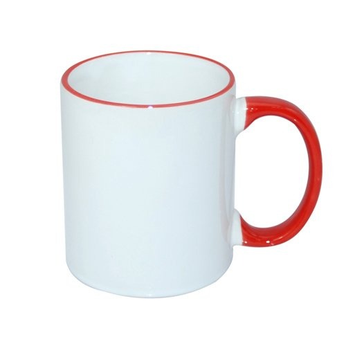 Tasse 330ml, ECO, roter Griff und Rand, für die Sublimation