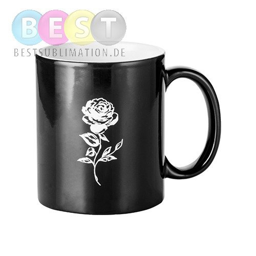 Zaubertasse 330ml, Gravur "Rose", Schwarz, für die Sublimation