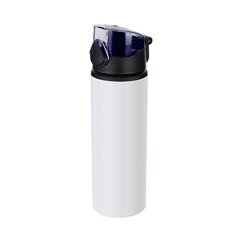 Trinkflasche, 750 ml, Metall, Weiß mit blauem Verschluss, für die Sublimation