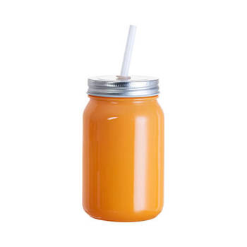 Becher, "Mason Jar", 450 ml, Full Color, Glas, Orange, mit Trinkhalm, für die Sublimation