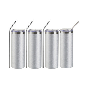 Tumbler-Becher, 600 ml, 4 Stück, mit Trinkhalm, Silber Brokat, für den Sublimationsdruck.