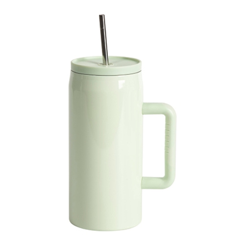 Edelstahl-Reisebecher 1200 ml mit Henkel und Strohhalm, mit wasserdichtem Deckel - hellgrün