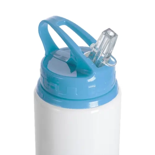 Aluminiumflasche mit Ausgießer, 600 ml, weiß, mit hellblauem Verschluss und Sublimationshalter