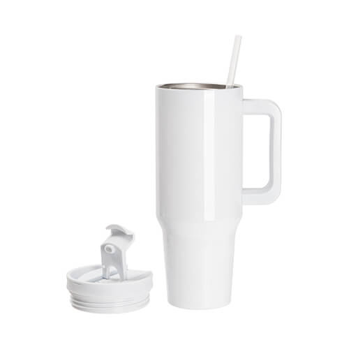 1200 ml Becher mit Strohhalm und hellgrauem Henkel für Sublimation - weiß