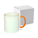 Tasse 330ml, ECO, orangener Griff und Rand, mit Box, für die Sublimation