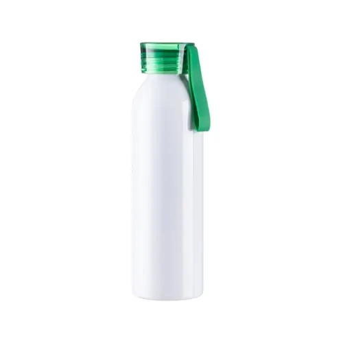 Sport-Wasserflasche aus Aluminium, 650 ml, weiß mit grünem Verschluss und Sublimationsstreifen