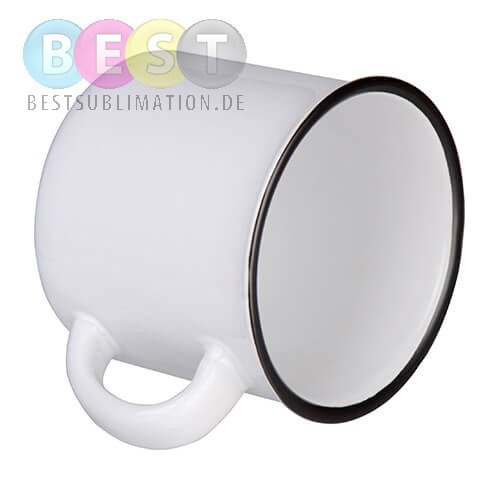 Keramischer Becher 300ml, emailliert, emailliert, Weiß mit schwarzem Rand, für die Sublimation