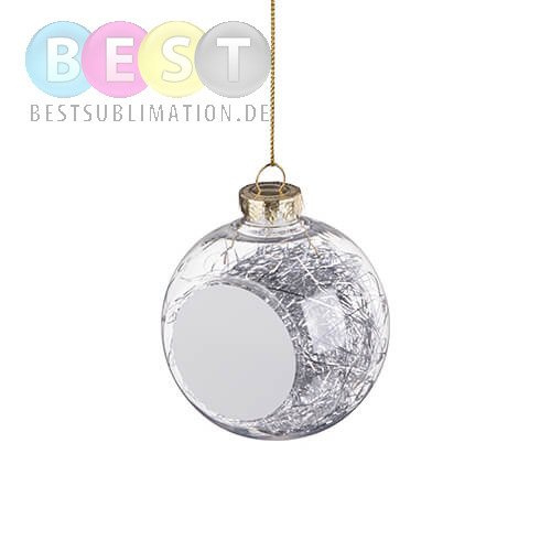 Christbaumkugel, Kunststoff, Ø 8 cm, Silber mit Engelshaaren, für den Sublimationsdruck