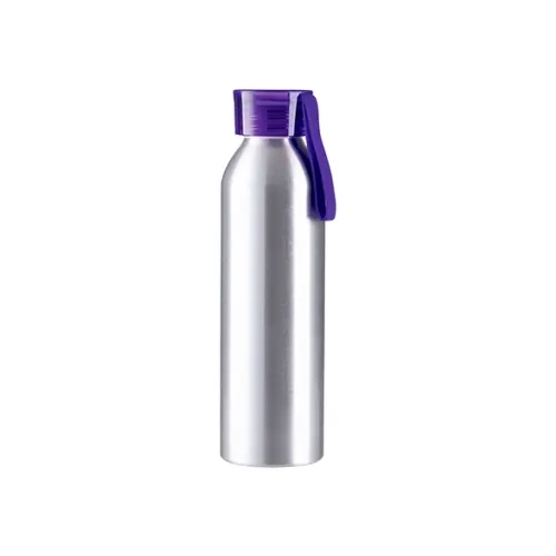 Sport-Wasserflasche aus Aluminium, 650 ml, silberfarben mit violettem Verschluss und Sublimationsstreifen