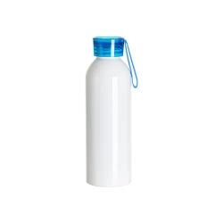 Sport-Wasserflasche aus Aluminium, 750 ml, weiß mit blauem Verschluss und Sublimationsstreifen