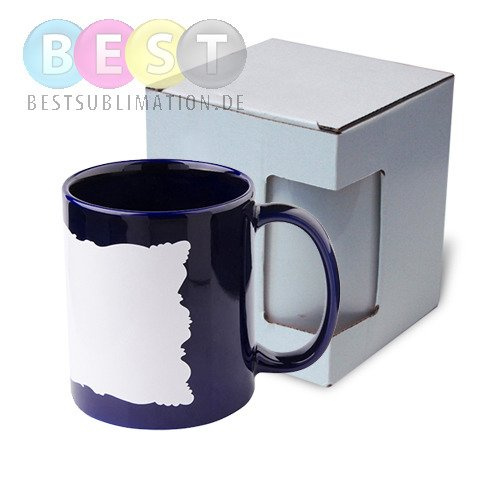 Tasse 330ml, Dunkelblau, mit weißem bedruckbaren Fenster und Box, für die Sublimation