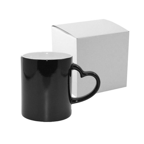 Zaubertasse, Schwarz, matt, Herzgriff, mit Box, für die Sublimation