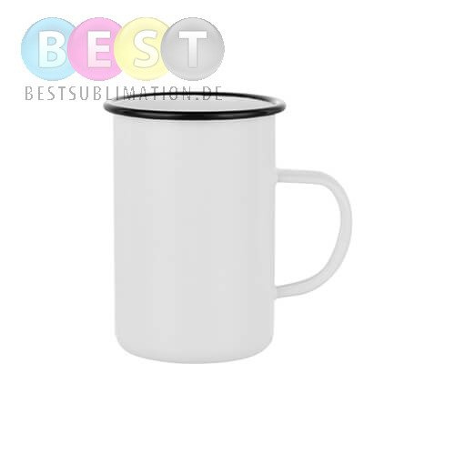 Becher 450 ml, Metall, emailliert, Weiß mit schwarzem Rand, für die Sublimation