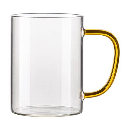 Tasse 450 ml, Glas, mit gelbem Griff, für die Sublimation