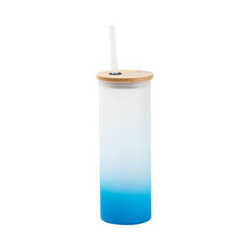 Becher, 500 ml, satiniert, mit Deckel aus Bambus und Trinkhalm, Hellblau, für den Sublimationsdruck.