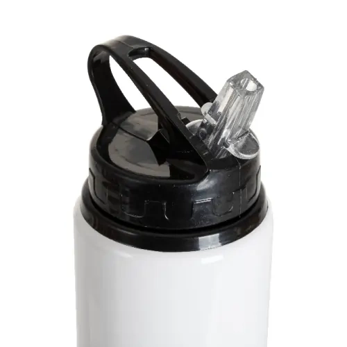 Aluminiumflasche mit Ausgießer, 600 ml, weiß, mit schwarzem Verschluss und Sublimationshalter