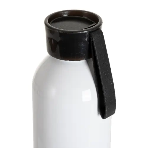 Sportliche Aluminium-Wasserflasche 750 ml weiß mit schwarzem Verschluss und Sublimationsstreifen