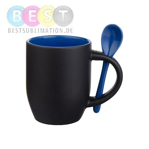 Zaubertasse mit Löffel, Schwarz matt mit blauer Innenseite, für die Sublimation