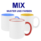 144 Tassen 330ml, Farbiger Griff und Rand, Farbige Innenseite, FUNNY, MIX diverser Farben, für die Sublimation