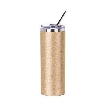 Tumbler-Becher, 600 ml, mit Trinkhalm, Gold Brokat, für den Sublimationsdruck.