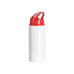 Aluminiumflasche mit Ausgießer, 600 ml, weiß, mit rotem Verschluss und Sublimationshalter