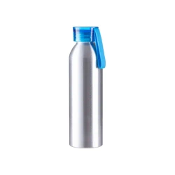 Sportliche Aluminium-Wasserflasche 650 ml silber mit blauem Verschluss und Sublimationsstreifen