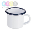 Metallbecher 100 ml, emailliert, weiß mit dunkelblauem Rand, für die Sublimation