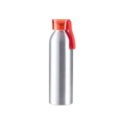 Sportliche silberne 650-ml-Wasserflasche aus Aluminium mit rotem Verschluss und Sublimationsstreifen