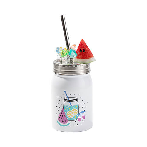 Becher, "Mason Jar", 500 ml, Weiß, mit Strohhalm, Deckel mit Deko-Eis "Melone", für die Sublimation